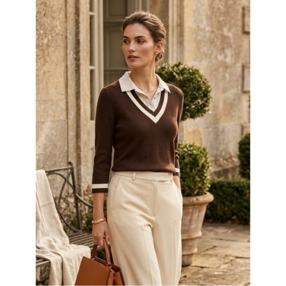Lauren Ralph Lauren Active Brown Layered V-Neck Polo Top M Preppy Elevated 90s